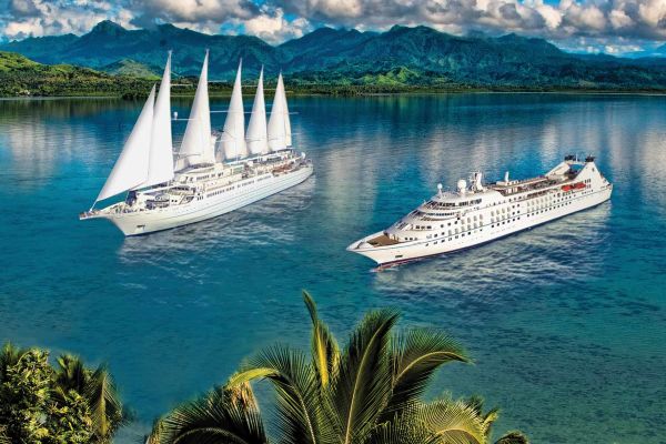 Two cruise ships in shallow water framed by a palm tree island