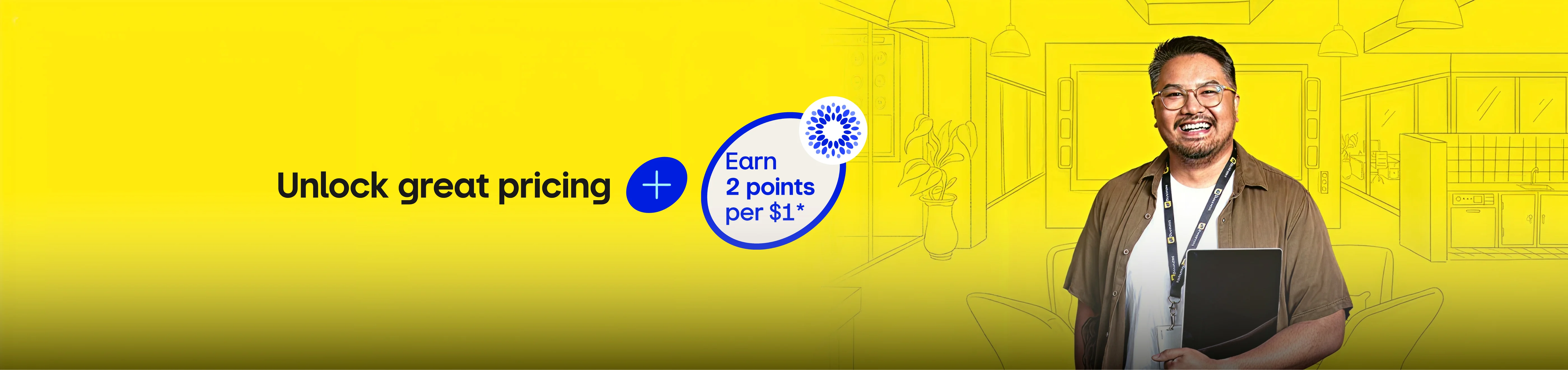 Smiling man holding a laptop in an illustrated office setting, with the text: "Unlock great pricing + Earn 2 points per $1".*