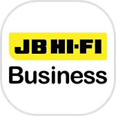 A yellow rounded rectangle containing the text "JB HI-FI" in bold black uppercase letters, with "Business" written in large bold black text beneath it on a white background.