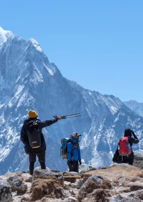 Three travellers hiking Everest Base Camp in Nepal