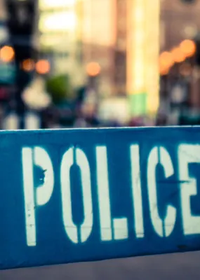 Blue New York City Police road barrier
