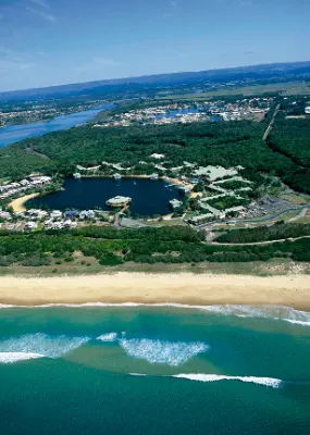 aerial view of the cerulean waters of the Sunshine Coast novotel twin towers