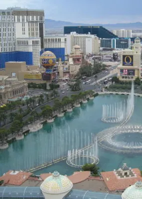 Ariel view of the Bellagio Fountain and surrounding buildings in Las Vegas  