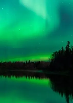 a silhouette of mountains and trees with green northern lights on the background