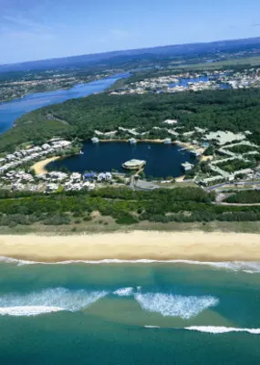 Aerial view of the Novotel and surrounding beach at Twin Waters 