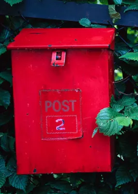 A red post box against a leafy green hedge.