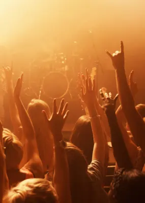 people raising their hand for a punk rock band concert in a moshpit