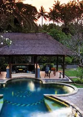 View of the pool and surrounding landscape at  the Ubud Furama villa Bali