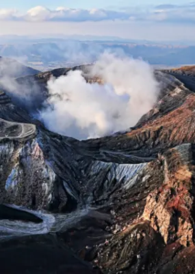 Ariel view of eruption at Mount Aso in Japan