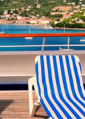 Several sunlounges on a cruise ship