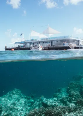 The Reefworld pontoon floats above a hidden world of coral on Hardy Reef at the Great Barrier Reef in the Whitsundays.