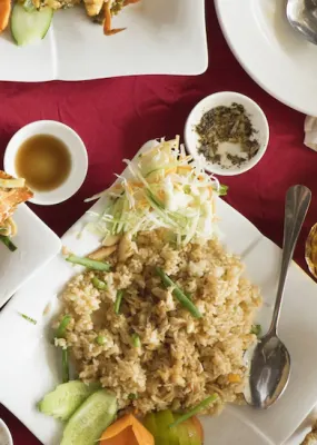 aerial view of table set with Cambodian dishes