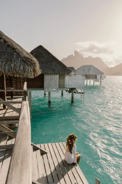 Overwater bungalows, Mount Otemanu, luxury travel holiday, Tahiti.