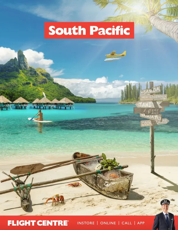 South Pacific - rowboat on a beach, with crabs scuttling along on the sand. Clear, beautiful water in the background with Bungalows, a yellow seaplane, and a mountain covered in lush green trees