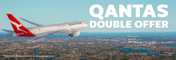 Qantas double points offer - 2xpoints or status credits* ends Wednesday 3 Sep | book with a Travel Expert for the widest range & best airfare choice | Qantas plane flying over Sydney harbour