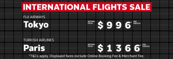 international flight sale fiji airways tokyo $996 per person turkish airlines paris $1366 per person
