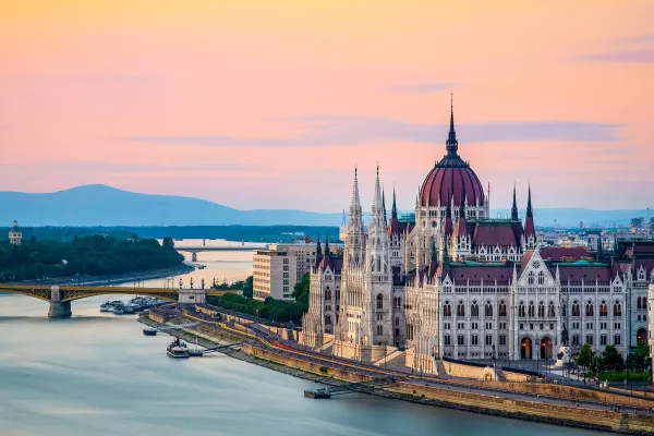 Traditional Eastern Europe buildings with sunset in background