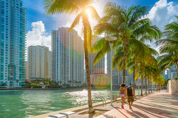 Couple walking hand in hand beneath palm trees alongside a river with the city of Miami on the other side