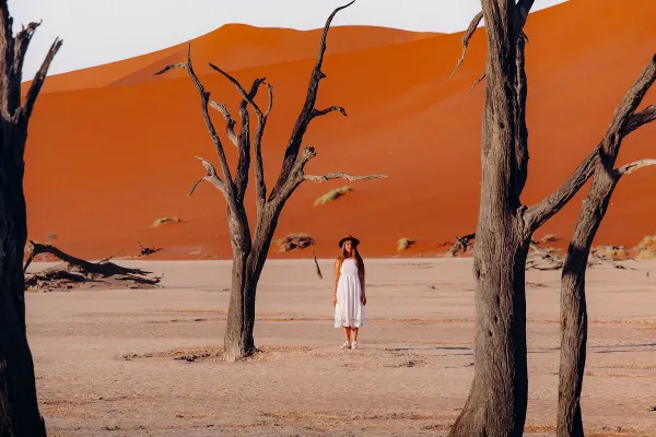 Woman in a white dress standing in a desert framed by dead trees with rolling red sand dunes behind her