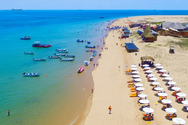 Beach with seats and umbrellas