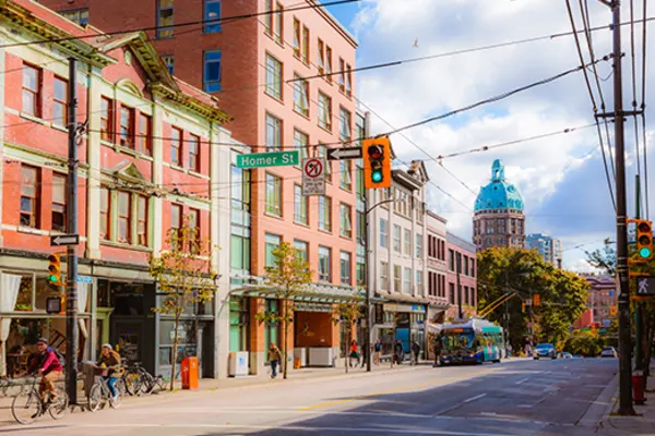 Street lined with pink buildings in Vancouver, Canada