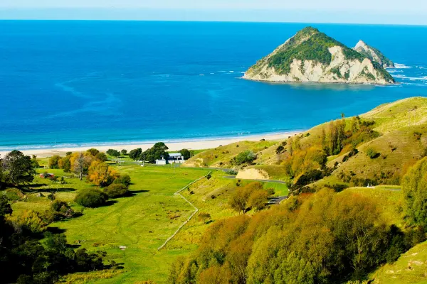 Grassy hills overlooking water