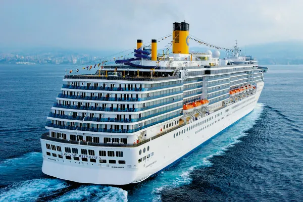 Cruise ship with land in distance
