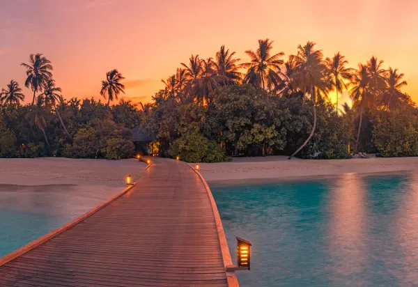 Board walk in the Maldives set over the water with a sunset over the palms