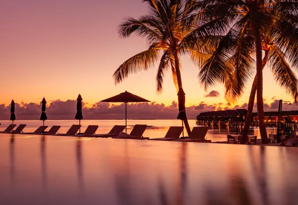 Reflection of sunset and palms over pool in a tropical destination