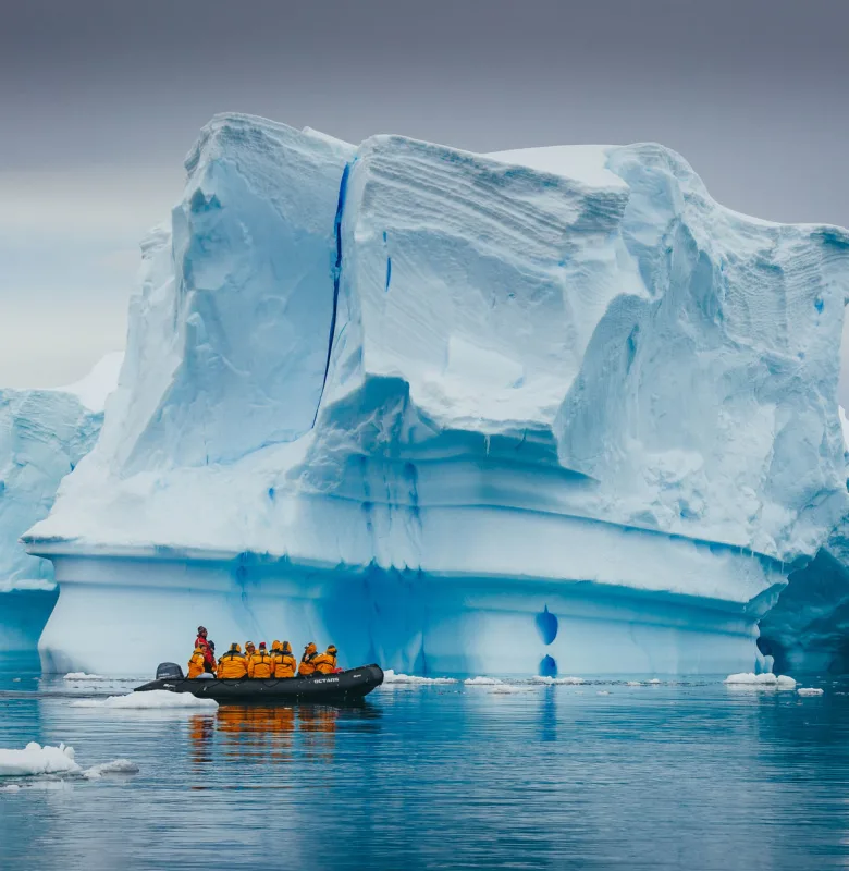 Zodiacs exploring Antarctica on a luxury cruise holiday