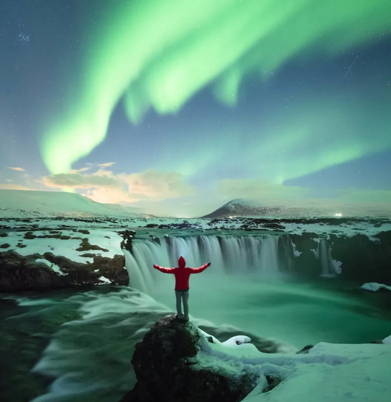 Northern Lights at Godafoss, luxury travel holiday, Iceland