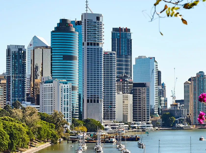 Brisbane city with a view of the river, framed by pink-purple flowers