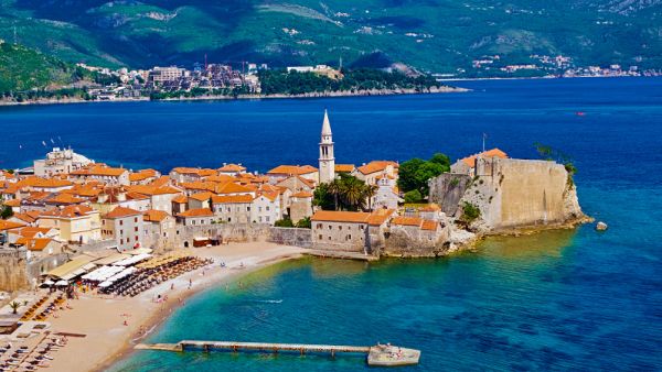 An aerial view of the historic town of Budva, Montenegro