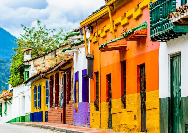 Colourfoul buildings in colonial old town La Candelaria in Bogota, Colombia