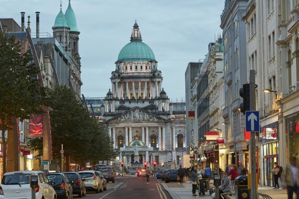 City center of Belfast with people walking through the street