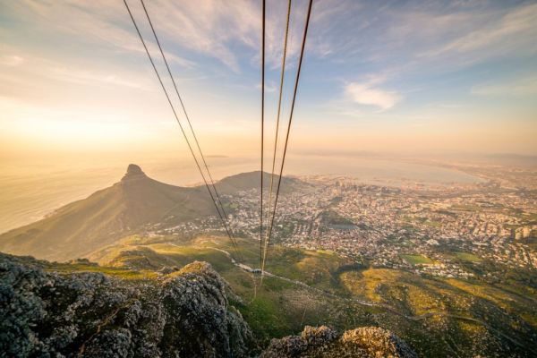 Mountain view of Cape Town during sunset going down a gondola