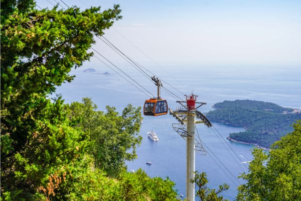 Distant shot of cable cart going up with ocean view in background