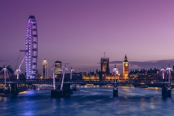 Distant Night view of House of Parliament and the London Eye
