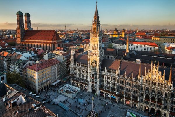 Aerial view of Frauenkirche at sunset