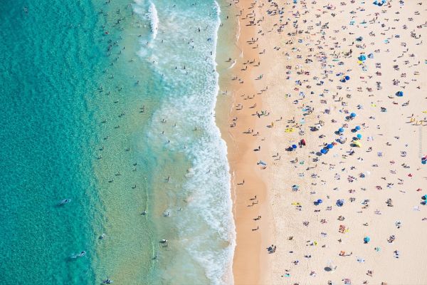 Aerial view of Bondi beach, large number of people on the beach