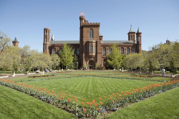 Red flowers in a square garden with Smithsonian in the background
