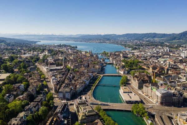 aerial view of city with river