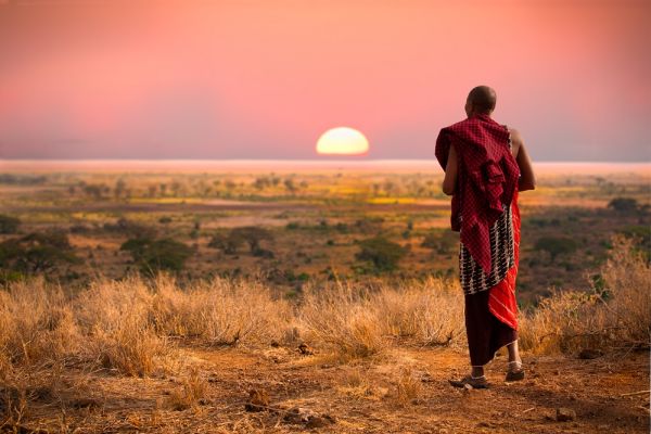 Male traditional masai warrior facing sunset