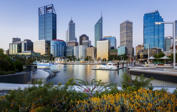 Cityscape of Perth WA from Elizabeth Quay Just after sunset