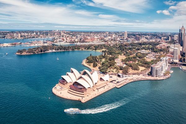 Aerial view of Sydney Opera House and Sydney Harbour.