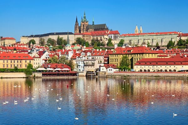 Lake view of a castle in Prague