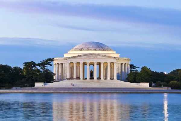 Jefferson Memorial at dusk with water in front