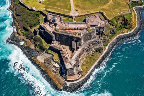 Aerial view of an old fort on the edge of a cliff in Puerto Rico