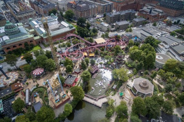 Aerial shot of a theme park and surrounding buildings in Copenhagen