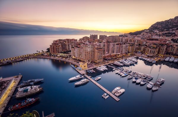 Aerial sunset of Monte Carlo Skyline and Harbour